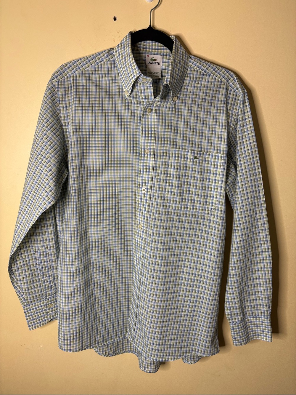 Lacoste Men’s Light Blue, White & Yellow Plaid Button-Down Shirt